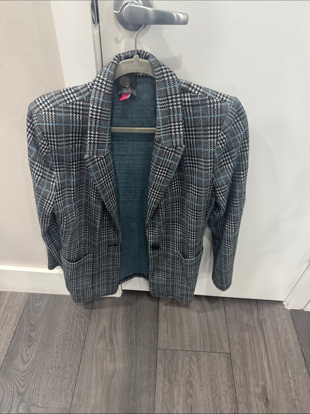 Vince Camuto Plaid Long Blazer with Turquoise Accents